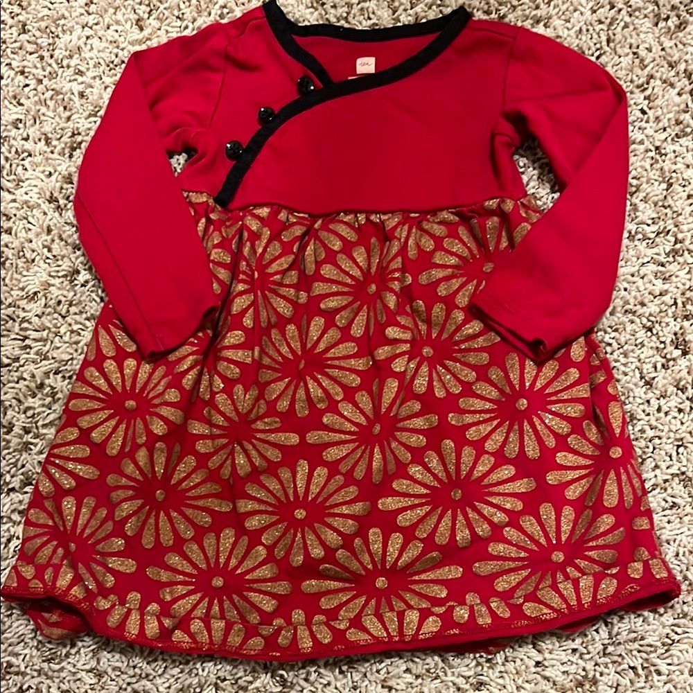 Red Floral Dress with Gold Accents